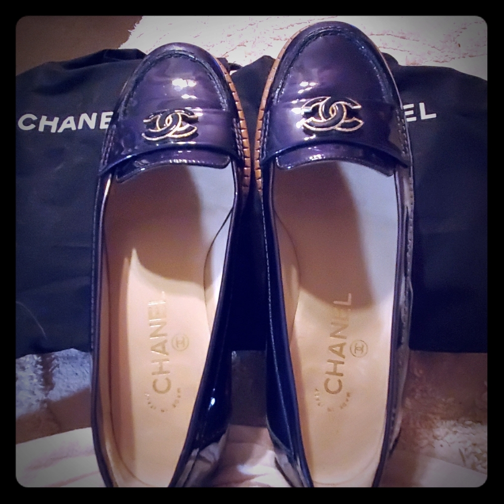 Chanel navy paton logo  Loafers